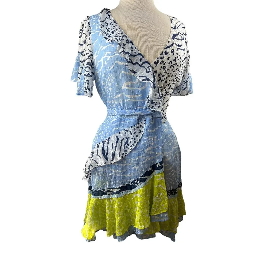 Tanya Taylor Bianka Silk Blend Wrap Dress Party Mini Leopard Short Sleeve Size 6 - Picture 2 of 16